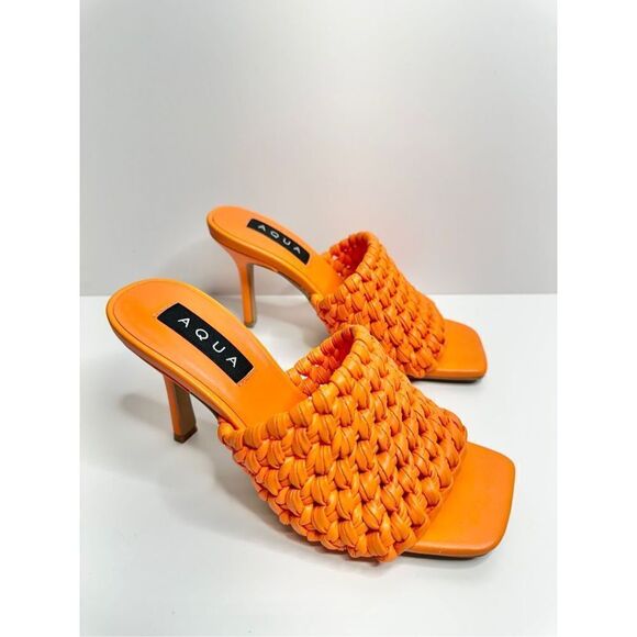 AQUA Woven Sandals Size 7 Orange High Heel Open Square Toe NEW - Picture 1 of 11